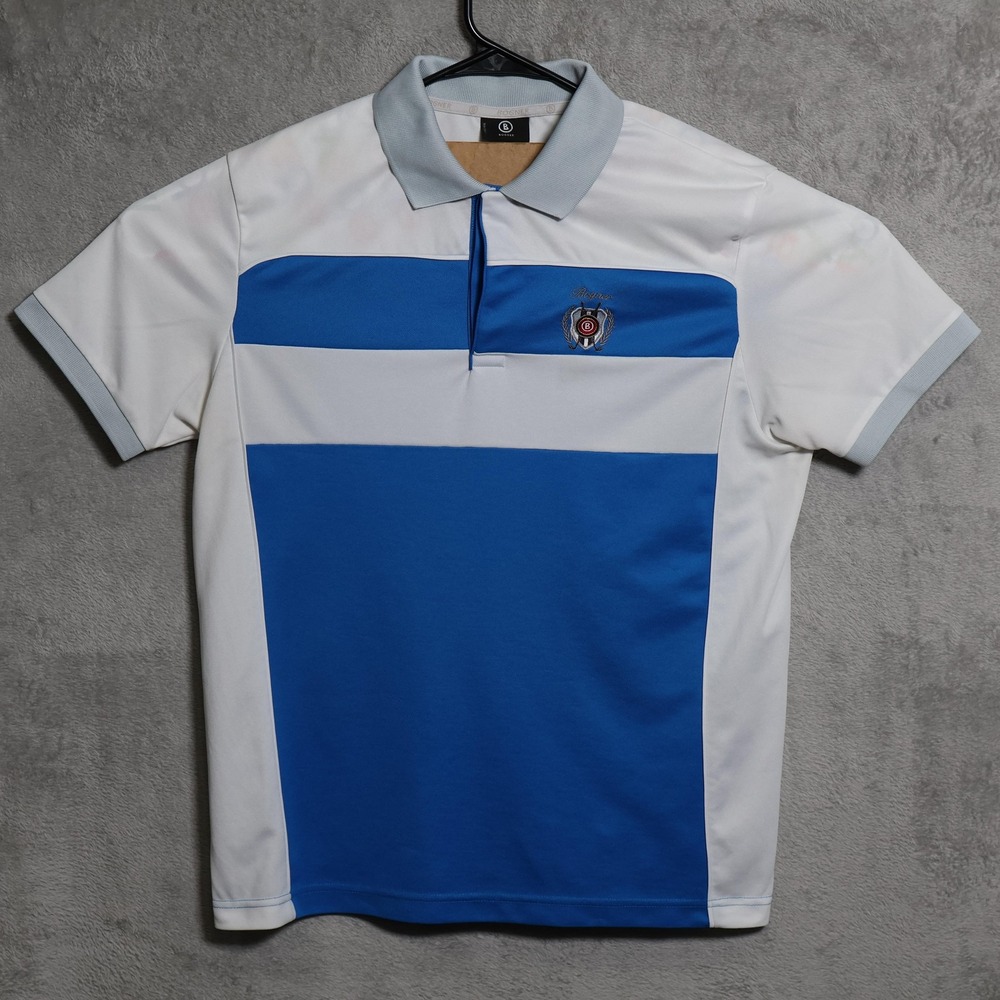 Bogner Polo Shirt Mens Medium Blue White Gray Performance Golf Crest Embroidered